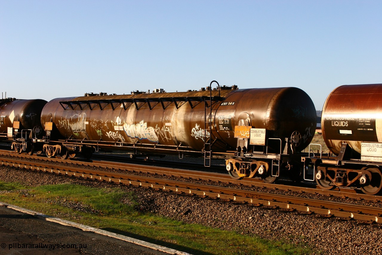 070609 0195
Midland, ATKY 541 fuel tank waggon originally built for H C Sleigh (Golden Fleece) in 1975 by Tulloch Ltd NSW as WJK type. Capacity now of 73000 litres in service with Caltex.
Keywords: ATKY-type;ATKY541;Tulloch-Ltd-NSW;WJK-type;