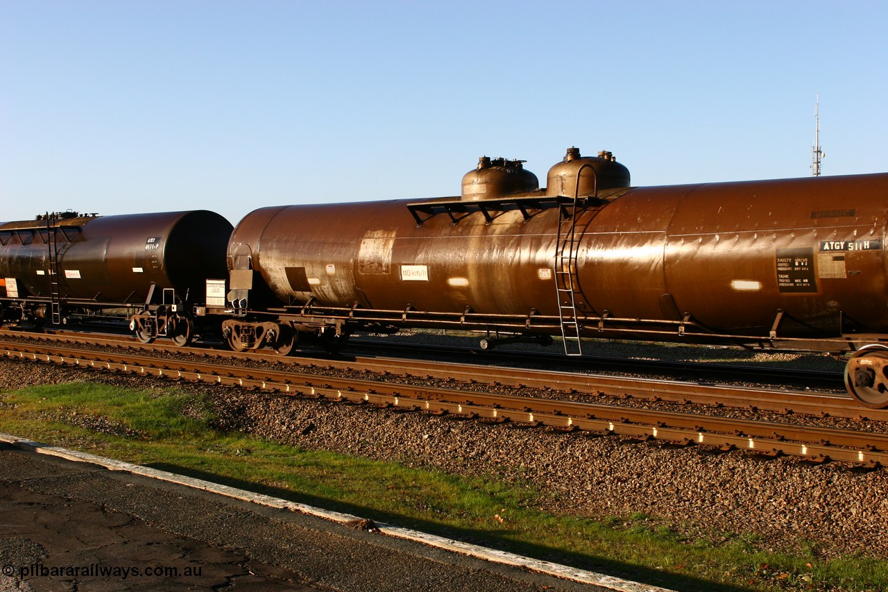 070609 0198
Midland, ATGY 511 fuel tank waggon built by Tulloch Ltd NSW in 1970 for BP Oil with 512 as WJG types, 96,000 litres one compartment two domes.
Keywords: ATGY-type;ATGY511;Tulloch-Ltd-NSW;WJG-type;