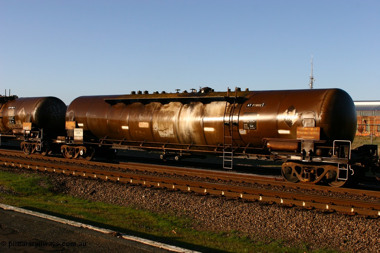 070609 0200
Midland, ATPY 602, fuel tanker, built by WAGR Midland Workshops in 1976 as WJP type for BP Oil, capacity of 80500 litres.
Keywords: ATPY-type;ATPY602;Westrail-Midland-WS;WJP-type;WJPY-type;