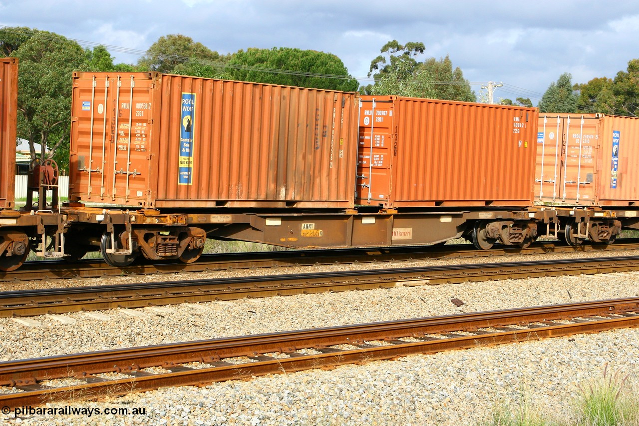 070613 0053
Woodbridge, AQNY 32205 container waggon, one of sixty two waggons built by Goninan WA in 1998 as WQN type for Murrin Murrin container traffic, with two 20' 22G1 type containers from Royal Wolf RWLU 800530 and RWLU 700767.
Keywords: AQNY-type;AQNY32205;Goninan-WA;WQN-type;