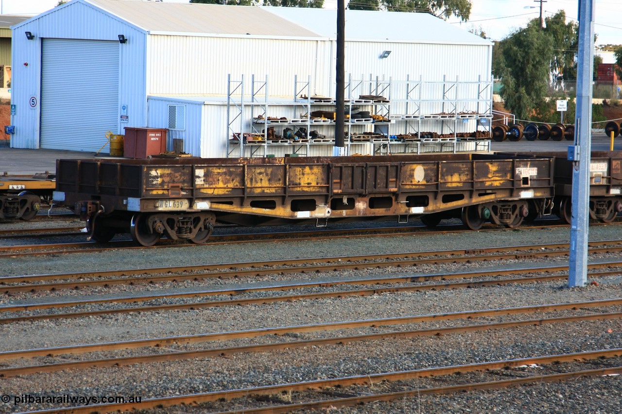 100601 8427
West Kalgoorlie, WGL 639 originally one of ten units built by Westrail Midland Workshops in 1975-76 as WFN type bogie flat waggon for Western Mining Corporation for nickel matte kibble traffic as WFN 603 and converted to WGL for bagged nickel matte in 1984.
Keywords: WGL-type;WGL639;Westrail-Midland-WS;WFN-type;