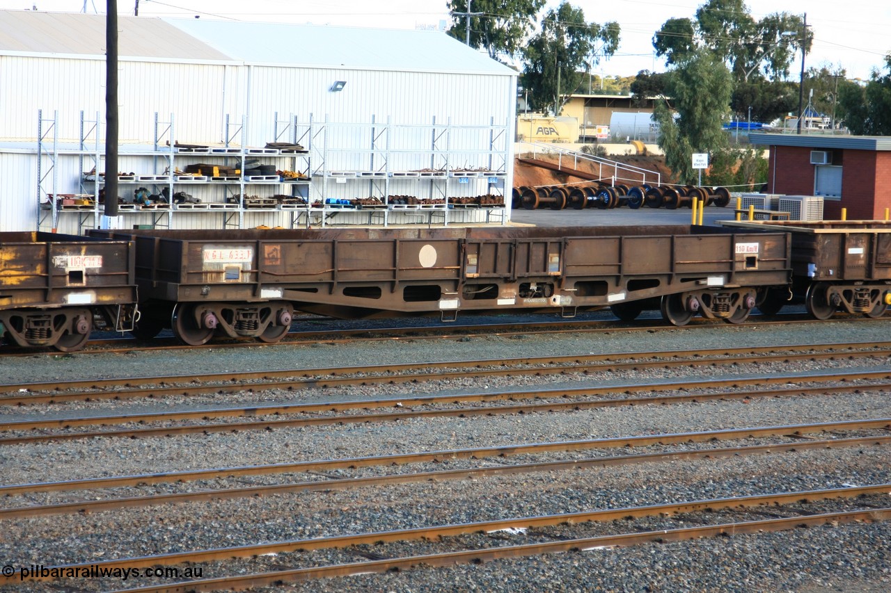 100601 8428
West Kalgoorlie, WGL 633 originally one of three units built by Westrail Midland Workshops in 1976-7 as WGL type bogie flat waggon for Western Mining Corporation for bagged nickel matte traffic.
Keywords: WGL-type;WGL633;Westrail-Midland-WS;