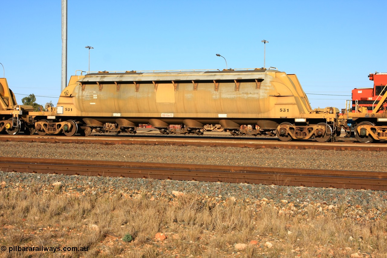 100601 8467
West Kalgoorlie, WN type pneumatic discharge nickel concentrate waggon WN 531, first of a further ten built by WAGR Midland Workshops as WN type in 1975 for WMC.
Keywords: WN-type;WN531;WAGR-Midland-WS;