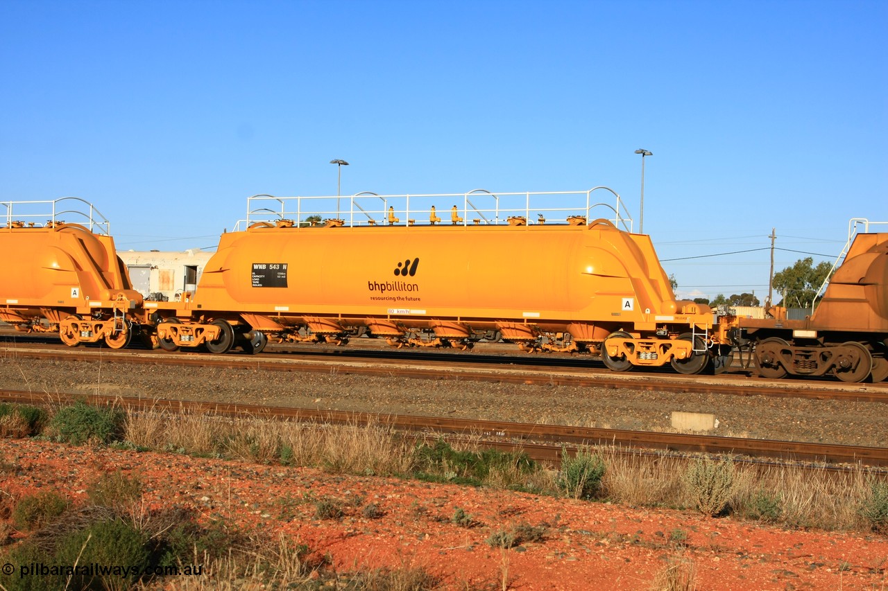100601 8473
West Kalgoorlie, WNB 543, pneumatic discharge nickel concentrate waggon, one of six units built by Bluebird Rail Services SA in 2010 for BHP Billiton.
Keywords: WNB-type;WNB543;Bluebird-Rail-Operations-SA;