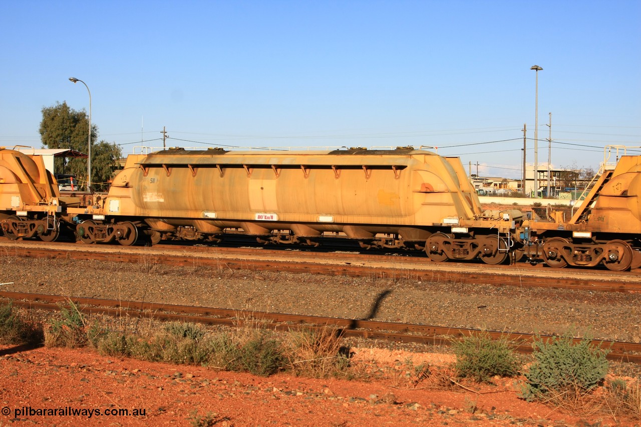 100601 8481
West Kalgoorlie, WN 511, pneumatic discharge nickel concentrate waggon, one of thirty units built by AE Goodwin NSW as WN type in 1970 for WMC.
Keywords: WN-type;WN511;AE-Goodwin;