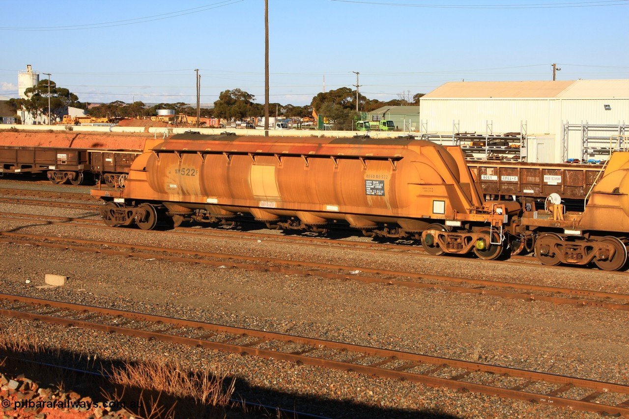 100601 8492
West Kalgoorlie, WN 522, pneumatic discharge nickel concentrate waggon, one of thirty units built by AE Goodwin NSW as WN type in 1970 for WMC.
Keywords: WN-type;WN522;AE-Goodwin;