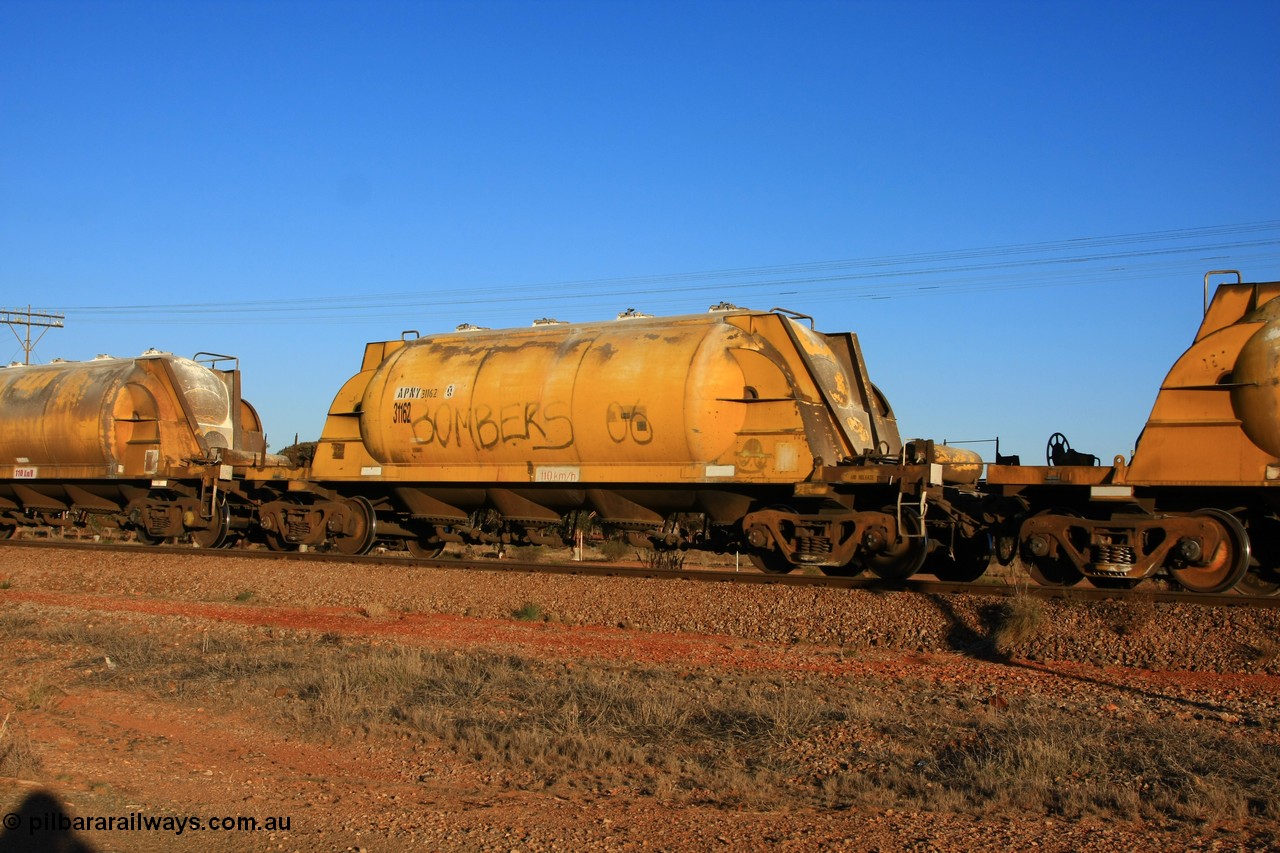 100601 8519
Parkeston, APNY 31162, final one of twelve units built by WAGR Midland Workshops in 1974 as WNA type pneumatic discharge nickel concentrate waggon, WAGR units built and owned copies of the AE Goodwin units built WN waggons for WMC.
Keywords: APNY-type;APNY31162;WAGR-Midland-WS;WNA-type;