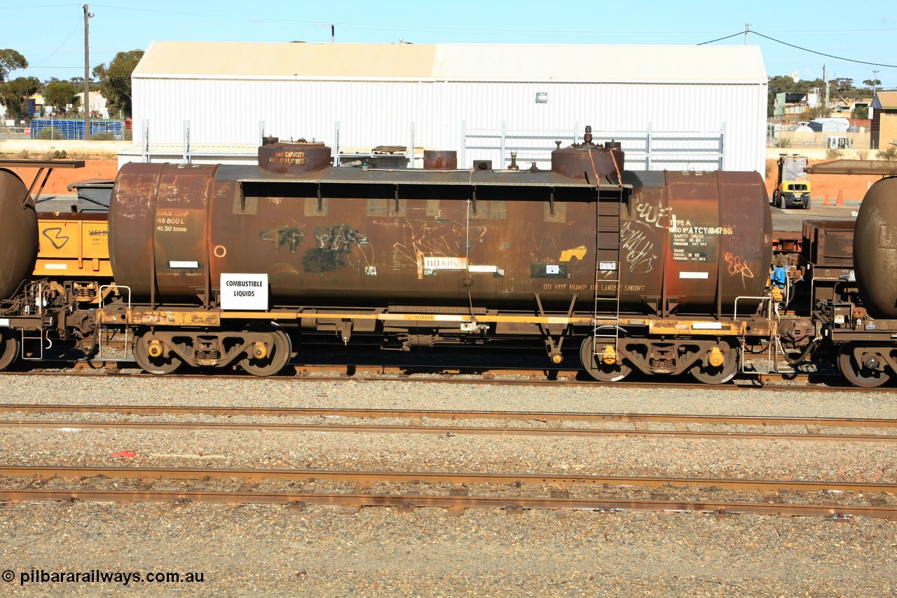 100602 8672
West Kalgoorlie, diesel fuel tanker ATCY 8479 built by Perry Engineering SA for Shell for use by South Australian Railways on broad gauge as Ts type, recoded to ATSL, original capacity of 48800 litres, current diesel capacity it 45000 litres.
Keywords: ATCY-type;ATCY8479;Perry-Engineering-SA;Ts-type;ATSL-type;