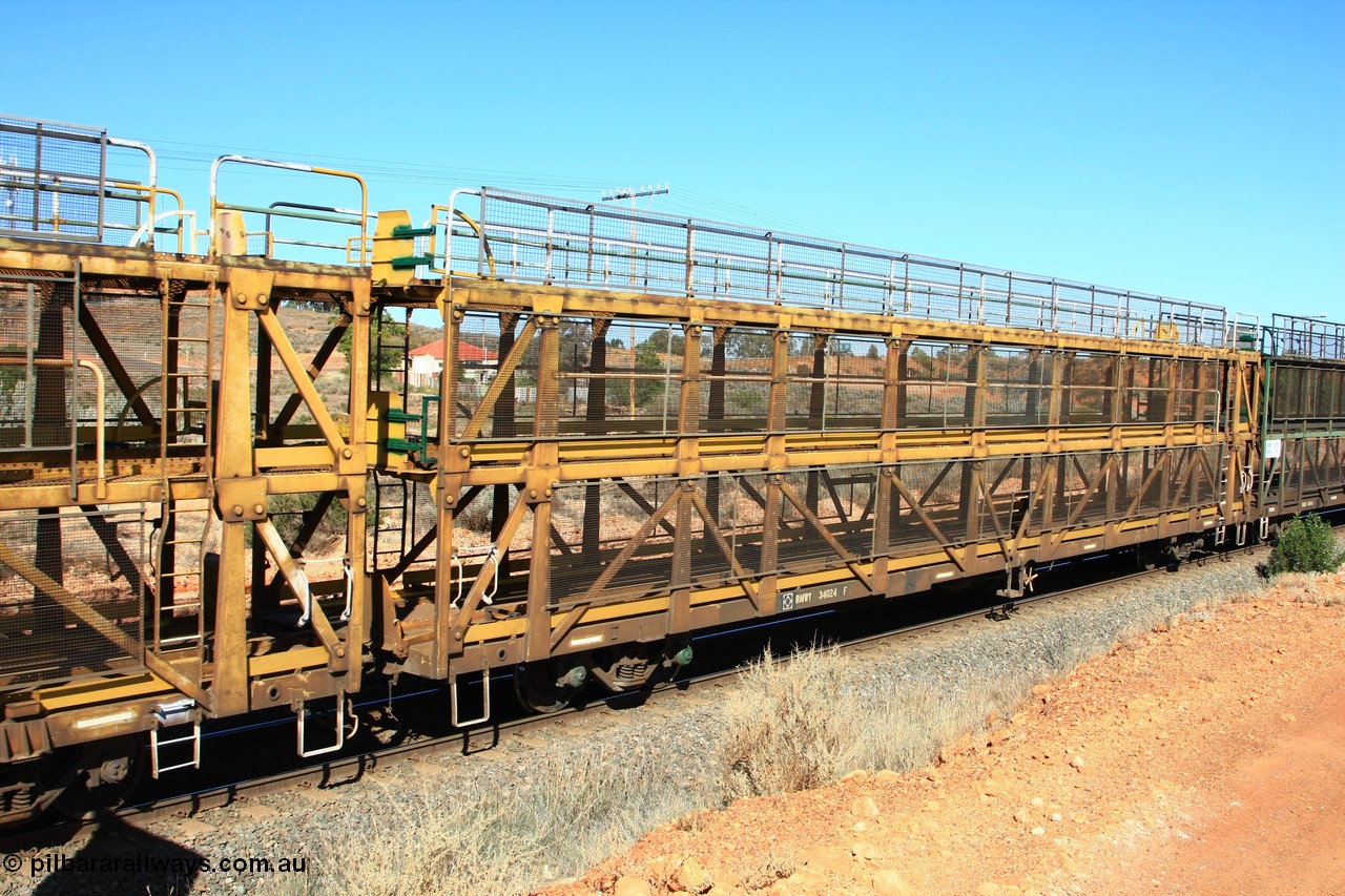 100603 8831
Parkeston, RMWY 34024 triple deck car carrying waggon, built by Comeng NSW in 1975 within the third batch of ten WMX type double deck car carrying waggons, re-coded to WMFX in 1979, converted to triple deck WMGF in 1989 then under National Rail leasing they became RMWY type.
Keywords: RMWY-type;RMWY34024;WAGR-Midland-WS;WMX-type;WMFX-type;WMGF-type;