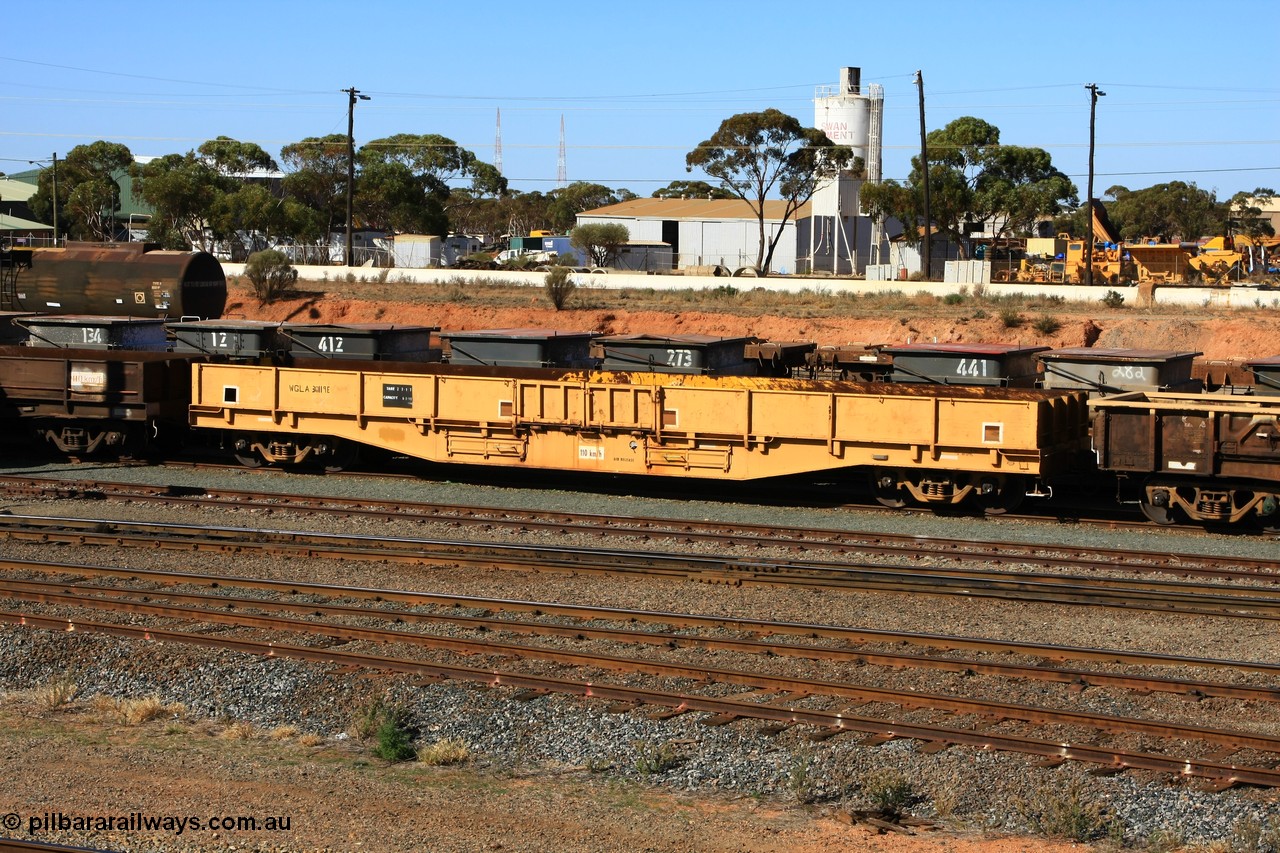 100603 8853
West Kalgoorlie, WGLA 30119 originally built by WAGR Midland Workshops in 1966 as the final WF type bogie flat waggon of 119 in total, converted to WSA breakdown flat waggon in 1967, to WFW in 1974, then converted to bagged nickel matte traffic WGLA type in 1985.
Keywords: WGLA-type;WGLA30119;Westrail-Midland-WS;WF-type;WSA-type;