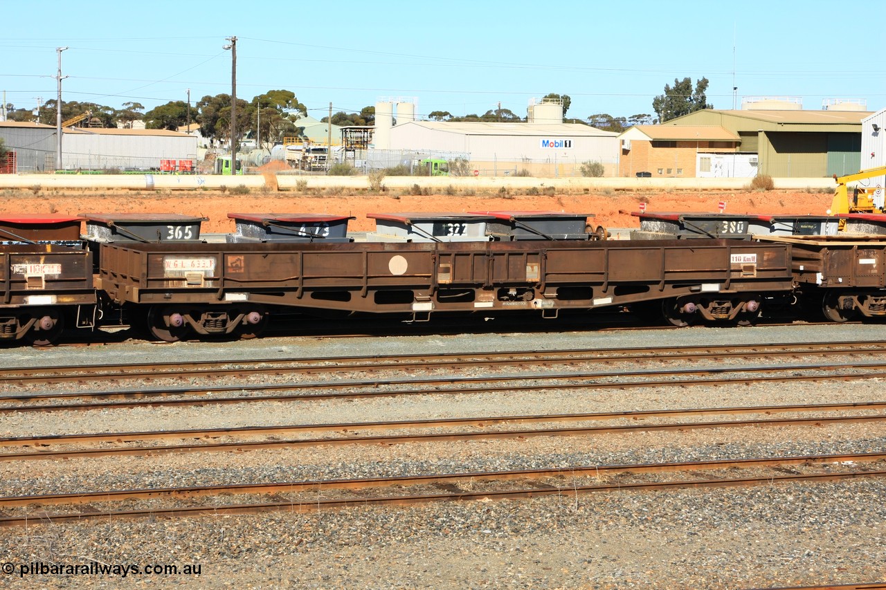 100603 8859
West Kalgoorlie, WGL 633 originally one of three units built by Westrail Midland Workshops in 1976-77 as WGL type bogie flat waggon for Western Mining Corporation for bagged nickel matte traffic.
Keywords: WGL-type;WGL633;Westrail-Midland-WS;