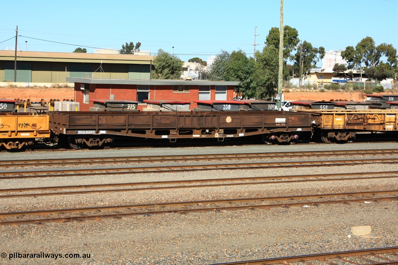 100603 8863
West Kalgoorlie, WGL 635 originally one of ten units built by Westrail Midland Workshops in 1976 as WFN type bogie flat waggon for Western Mining Corporation for nickel matte kibble traffic as WFN 605 and converted to WGL for bagged nickel matte in 1979.
Keywords: WGL-type;WGL635;Westrail-Midland-WS;WFN-type;WFN605;