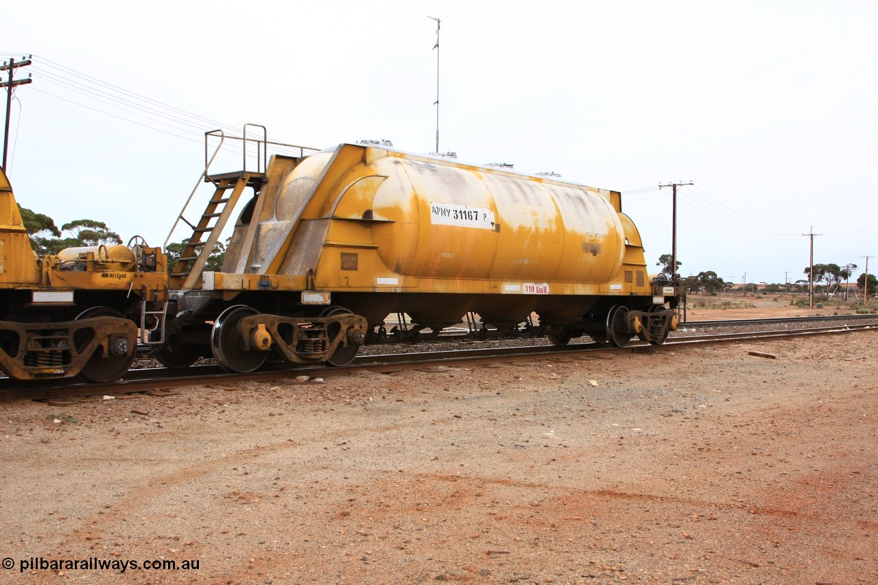 100605 9112
Parkeston, APNY 31167, one of two built by Westrail Midland Workshops in 1979 as WNA class pneumatic discharge nickel concentrate waggon, WAGR built and owned copies of the AE Goodwin built WN waggons for WMC.
Keywords: APNY-type;APNY31167;Westrail-Midland-WS;WNA-type;