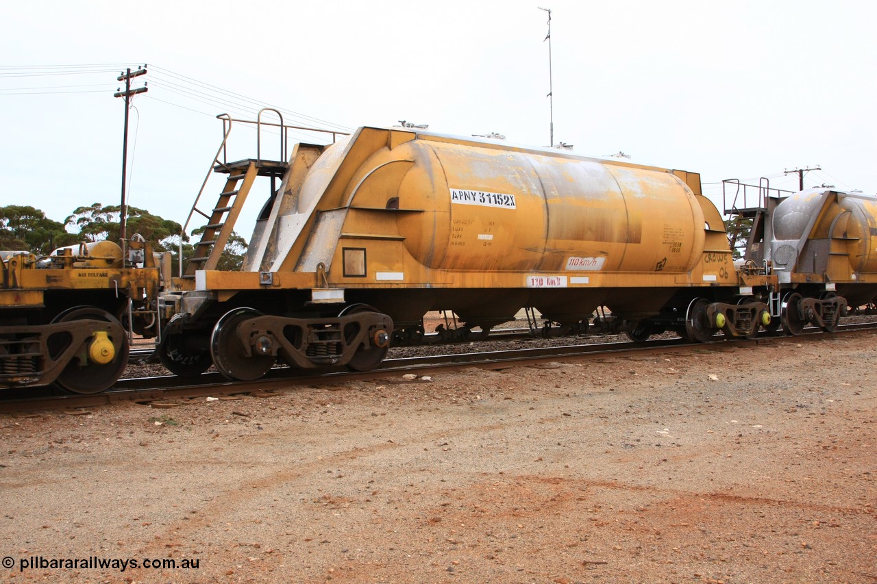 100605 9116
Parkeston, APNY 31152, one of twelve built by WAGR Midland Workshops in 1974 as WNA type pneumatic discharge nickel concentrate waggon, WAGR built and owned copies of the AE Goodwin built WN waggons for WMC. 
Keywords: APNY-type;APNY31152;WAGR-Midland-WS;WNA-type;