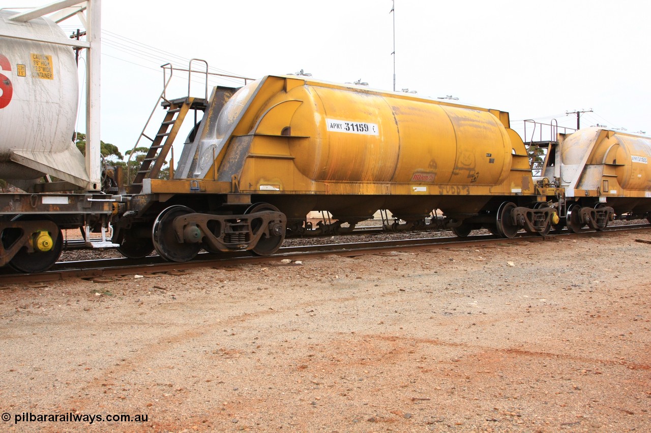 100605 9117
Parkeston, APNY 31159, one of twelve built by WAGR Midland Workshops in 1974 as WNA type pneumatic discharge nickel concentrate waggon, WAGR built and owned copies of the AE Goodwin built WN waggons for WMC. 
Keywords: APNY-type;APNY31159;WAGR-Midland-WS;WNA-type;