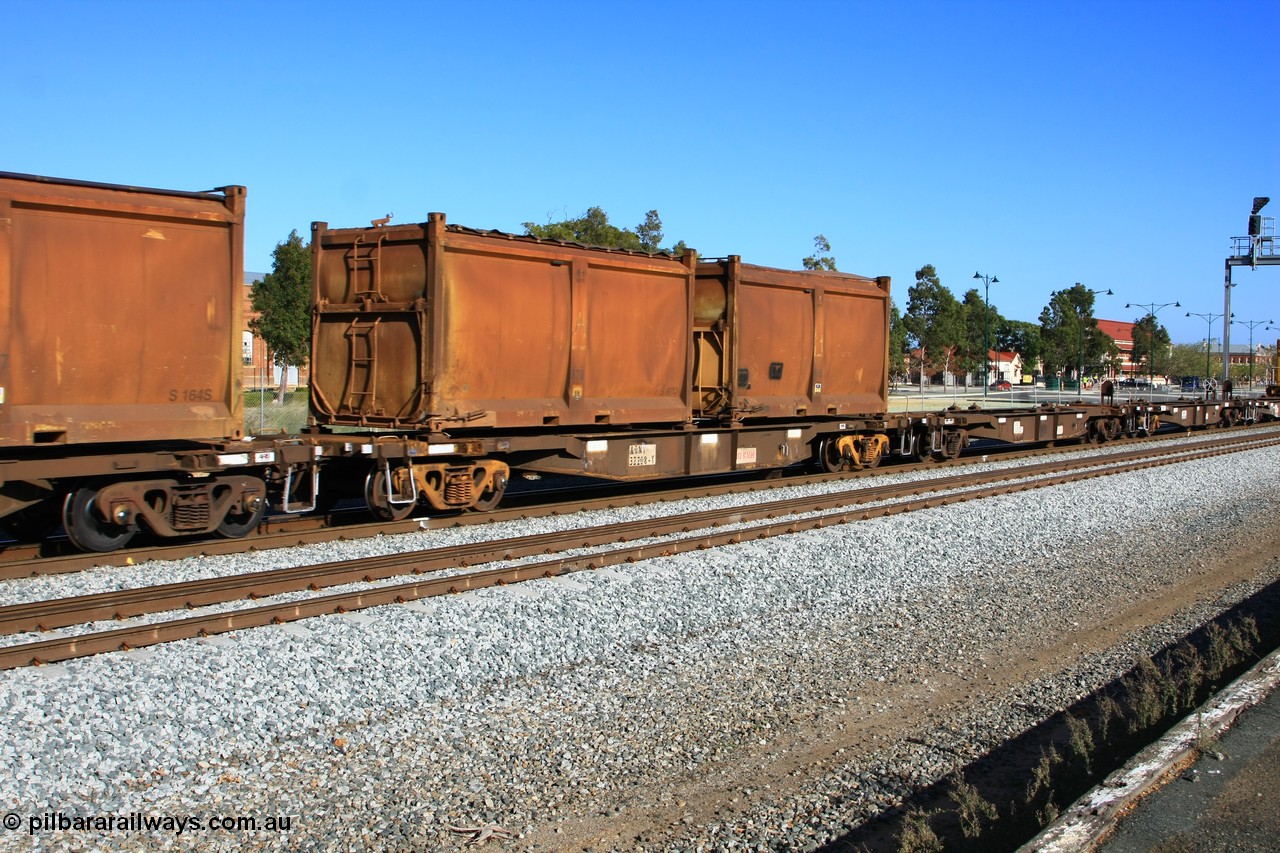 100608 9709
Midland, AQNY 32208, one of sixty two waggons built by Goninan WA in 1998 as WQN class for Murrin Murrin container traffic, with sulphur skips S97Q with original style door and sliding tarpaulin, and S64L with replacement door and roll top tarpaulin on train 2430 empty Malcolm freighter.
Keywords: AQNY-type;AQNY32208;Goninan-WA;WQN-type;