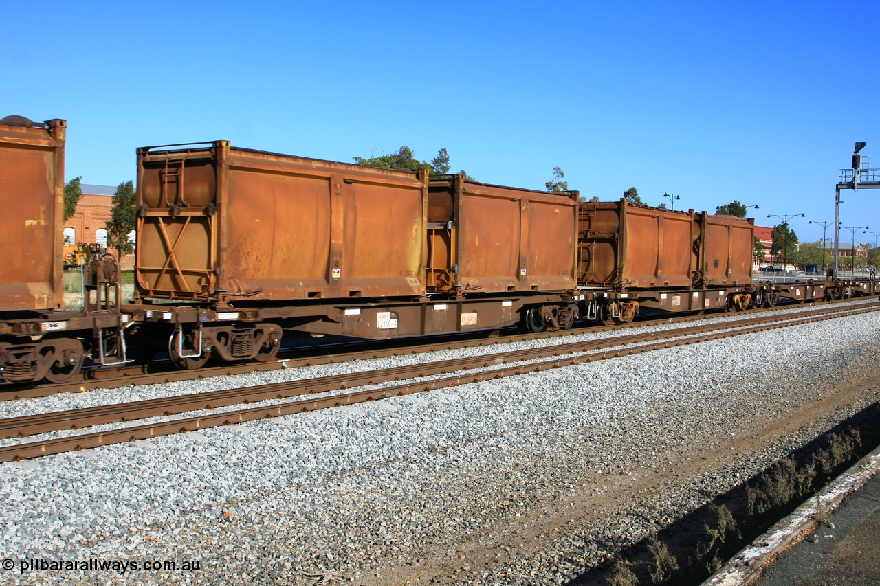 100608 9710
Midland, AQNY 32160, one of sixty two waggons built by Goninan WA in 1998 as WQN class for Murrin Murrin container traffic, with sulphur skips S35T and S164S, both with replacement doors and roll top tarpaulins on train 2430 empty Malcolm freighter.
Keywords: AQNY-type;AQNY32160;Goninan-WA;WQN-type;