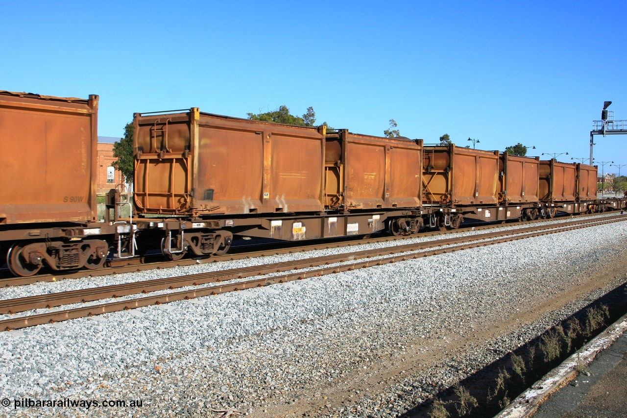 100608 9711
Midland, AQNY 32181, one of sixty two waggons built by Goninan WA in 1998 as WQN class for Murrin Murrin container traffic, with sulphur skips S25L and S82J, both with replacement doors and roll top tarpaulins, on train 2430 empty Malcolm freighter.
Keywords: AQNY-type;AQNY32181;Goninan-WA;WQN-type;