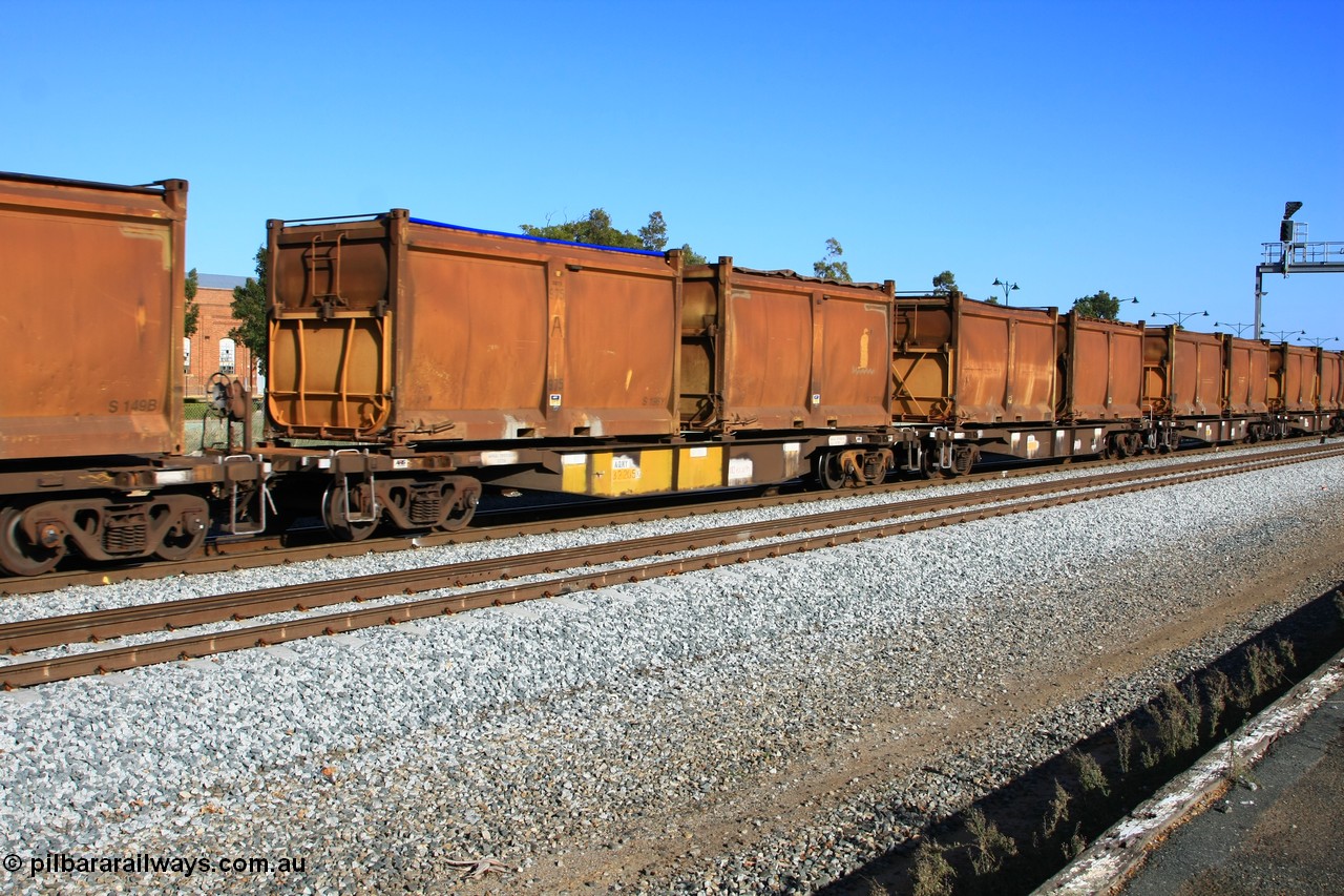 100608 9713
Midland, AQNY 32205, one of sixty two waggons built by Goninan WA in 1998 as WQN class for Murrin Murrin container traffic, with sulphur skips S196Y with replacement lower door and blue roll top tarpaulin, and S170N with original door and sliding tarpaulin on train 2430 empty Malcolm freighter.
Keywords: AQNY-type;AQNY32205;Goninan-WA;WQN-type;