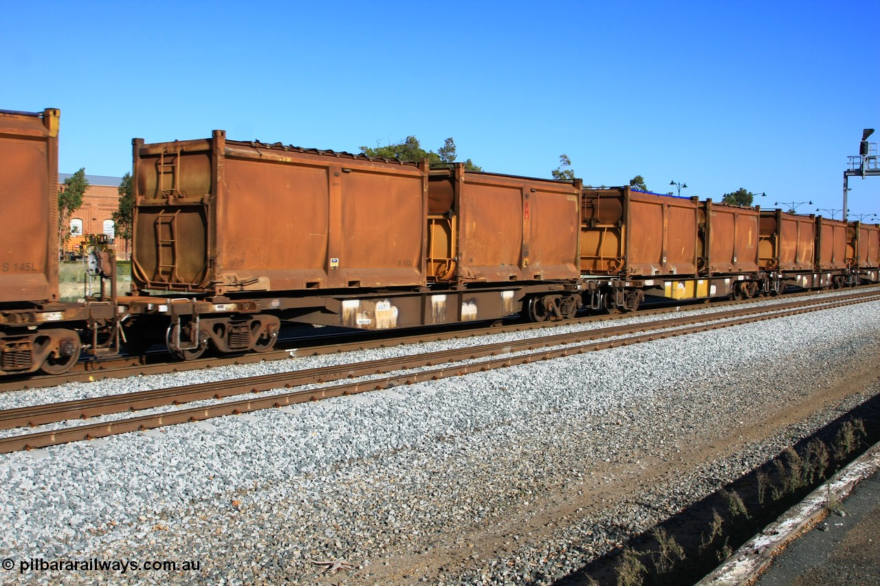 100608 9714
Midland, AQNY 32210, one of sixty two waggons built by Goninan WA in 1998 as WQN class for Murrin Murrin container traffic, with sulphur skips S163J with original door and sliding tarpaulin and S149B with replacement door and roll top tarpaulin, on train 2430 empty Malcolm freighter.
Keywords: AQNY-type;AQNY32210;Goninan-WA;WQN-type;