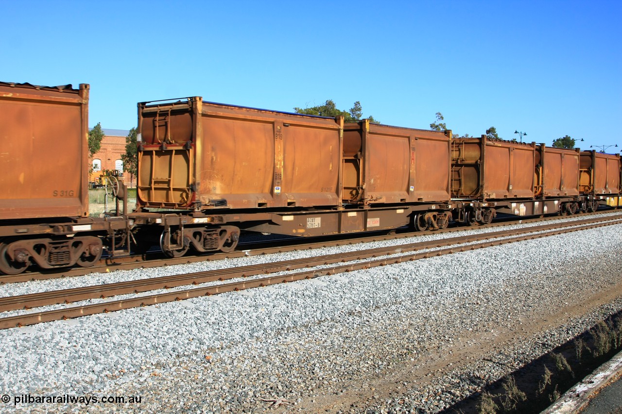 100608 9715
Midland, AQNY 32197, one of sixty two waggons built by Goninan WA in 1998 as WQN type for Murrin Murrin container traffic, with sulphur skips S121F and S145L both with replacement doors and blue tarpaulin roll tops, on train 2430 empty Malcolm freighter.
Keywords: AQNY-type;AQNY32197;Goninan-WA;WQN-type;