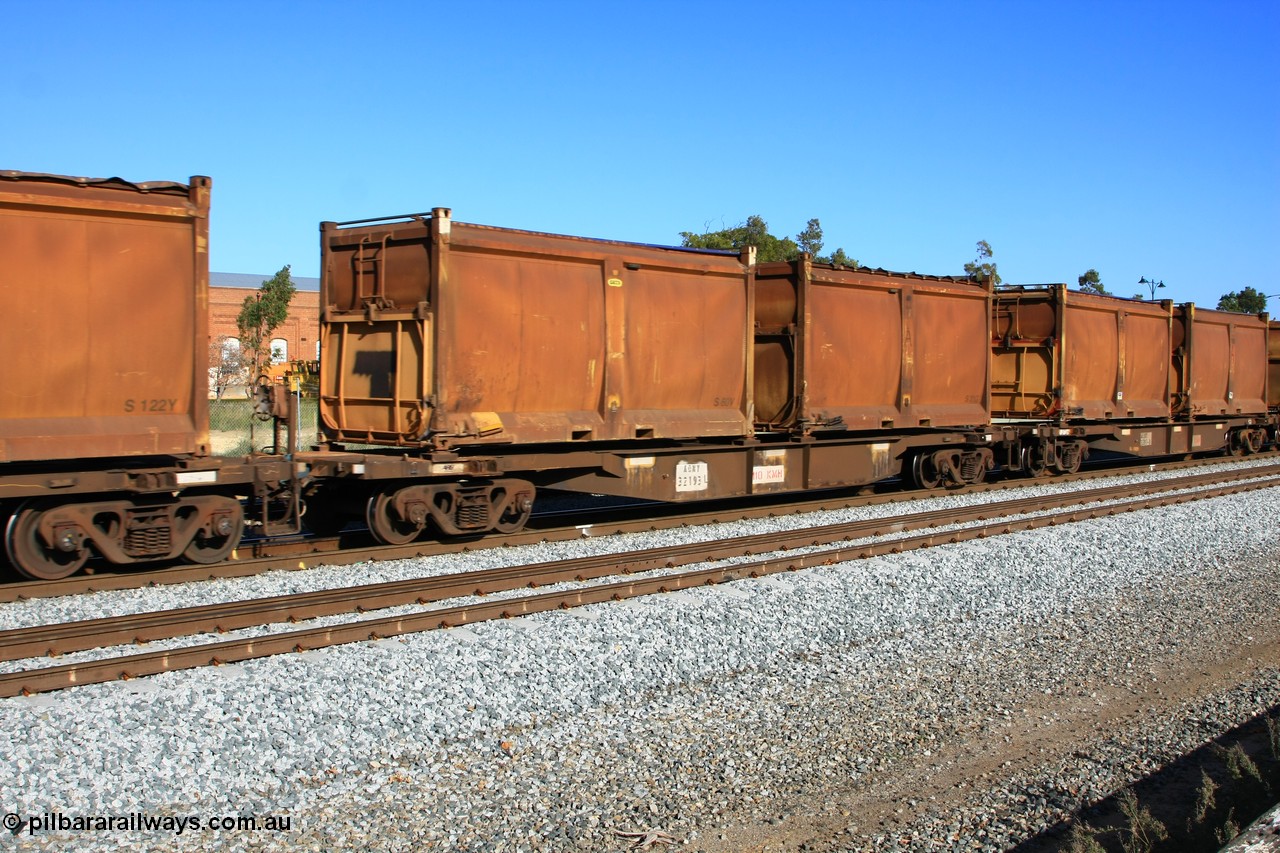 100608 9716
Midland, AQNY 32193, one of sixty two waggons built by Goninan WA in 1998 as WQN class for Murrin Murrin container traffic, with sulphur skips S60V with replacement door and blue roll top tarpaulin, and S31G with original door and sliding tarpaulin, on train 2430 empty Malcolm freighter.
Keywords: AQNY-type;AQNY32193;Goninan-WA;WQN-type;