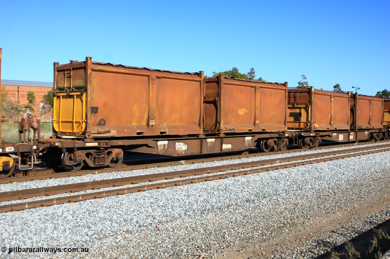 100608 9717
Midland, AQNY 32183, one of sixty two waggons built by Goninan WA in 1998 as WQN type for Murrin Murrin container traffic, with sulphur skips S171W with replacement door but original sliding tarpaulin and S122Y all original, on train 2430 empty Malcolm freighter.
Keywords: AQNY-type;AQNY32183;Goninan-WA;WQN-type;