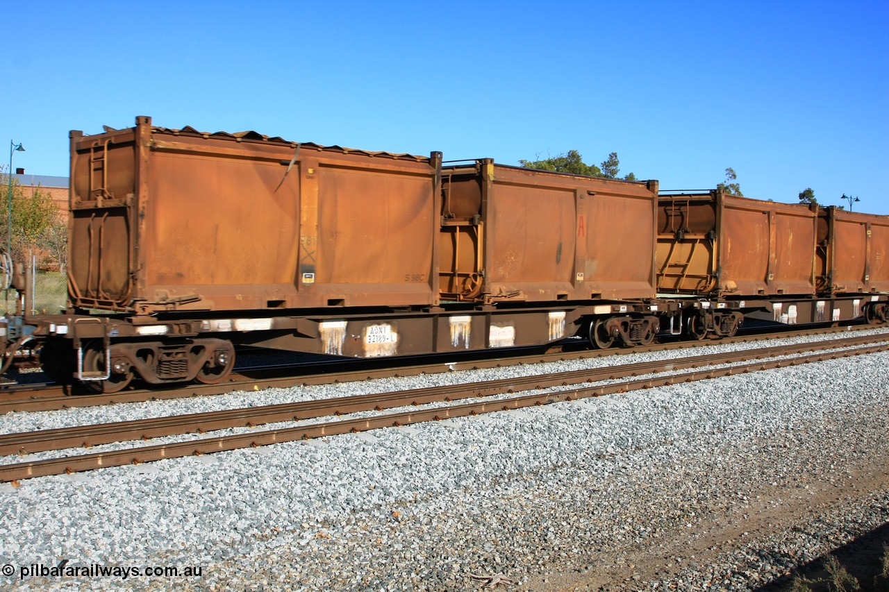 100608 9722
Midland, AQNY 32189, one of sixty two waggons built by Goninan WA in 1998 as WQN type for Murrin Murrin container traffic, with sulphur skips S98C with original door and sliding tarpaulin and S162A with replacement door and roll top tarpaulin on train 2430 empty Malcolm freighter.
Keywords: AQNY-type;AQNY32189;Goninan-WA;WQN-type;