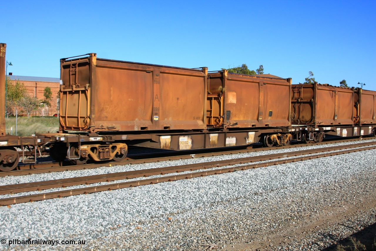 100608 9723
Midland, AQNY 32152, second of sixty two waggons built by Goninan WA in 1998 as WQN type for Murrin Murrin container traffic, with sulphur skips S48X and S84E both with replacement doors and roll top tarpaulins on train 2430 empty Malcolm freighter.
Keywords: AQNY-type;AQNY32152;Goninan-WA;WQN-type;