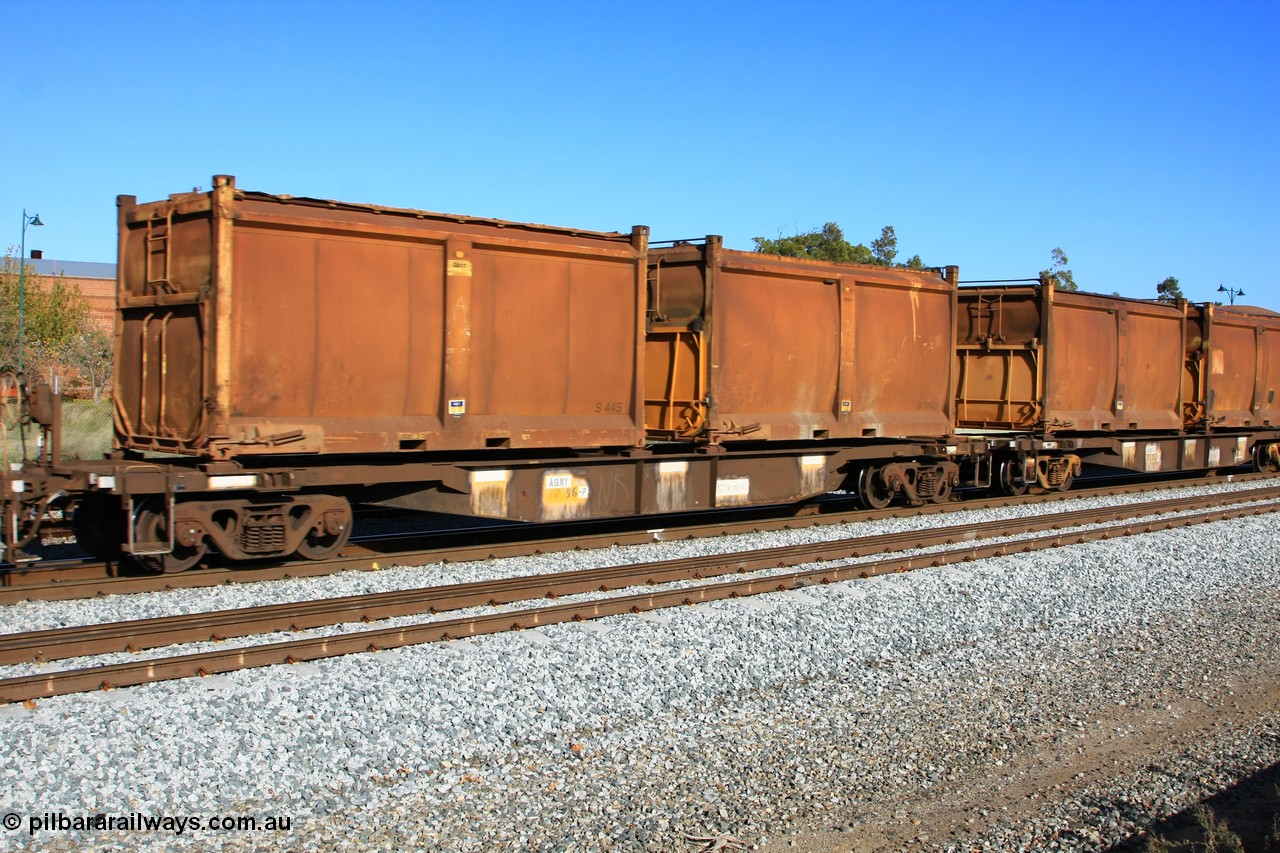 100608 9724
Midland, AQNY 32196, one of sixty two waggons built by Goninan WA in 1998 as WQN type for Murrin Murrin container traffic, with sulphur skips S44S with original door and sliding tarpaulin and S104Q with replacement door and roll top tarpaulin on train 2430 empty Malcolm freighter.
Keywords: AQNY-type;AQNY32196;Goninan-WA;WQN-type;