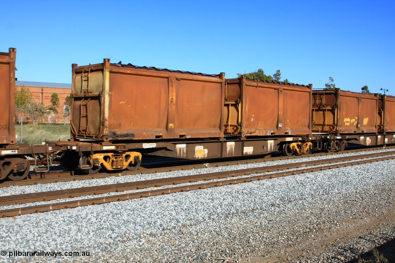 100608 9727
Midland, AQNY 32156, one of sixty two waggons built by Goninan WA in 1998 as WQN class for Murrin Murrin container traffic, with sulphur skips S36F all original and S39J with replacement door but original sliding tarpaulin on train 2430 empty Malcolm freighter.
Keywords: AQNY-type;AQNY32156;Goninan-WA;WQN-type;