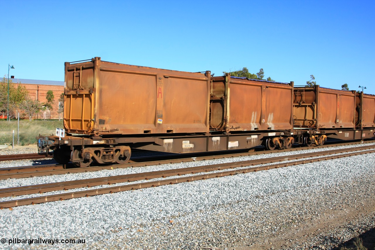 100608 9733
Midland, AQNY 32201, one of sixty two waggons built by Goninan WA in 1998 as WQN type for Murrin Murrin container traffic, with sulphur skips S124J with replacement door and roll top tarpaulin and S52X with original door and original sliding tarpaulin on train 2430 empty Malcolm freighter.
Keywords: AQNY-type;AQNY32201;Goninan-WA;WQN-type;