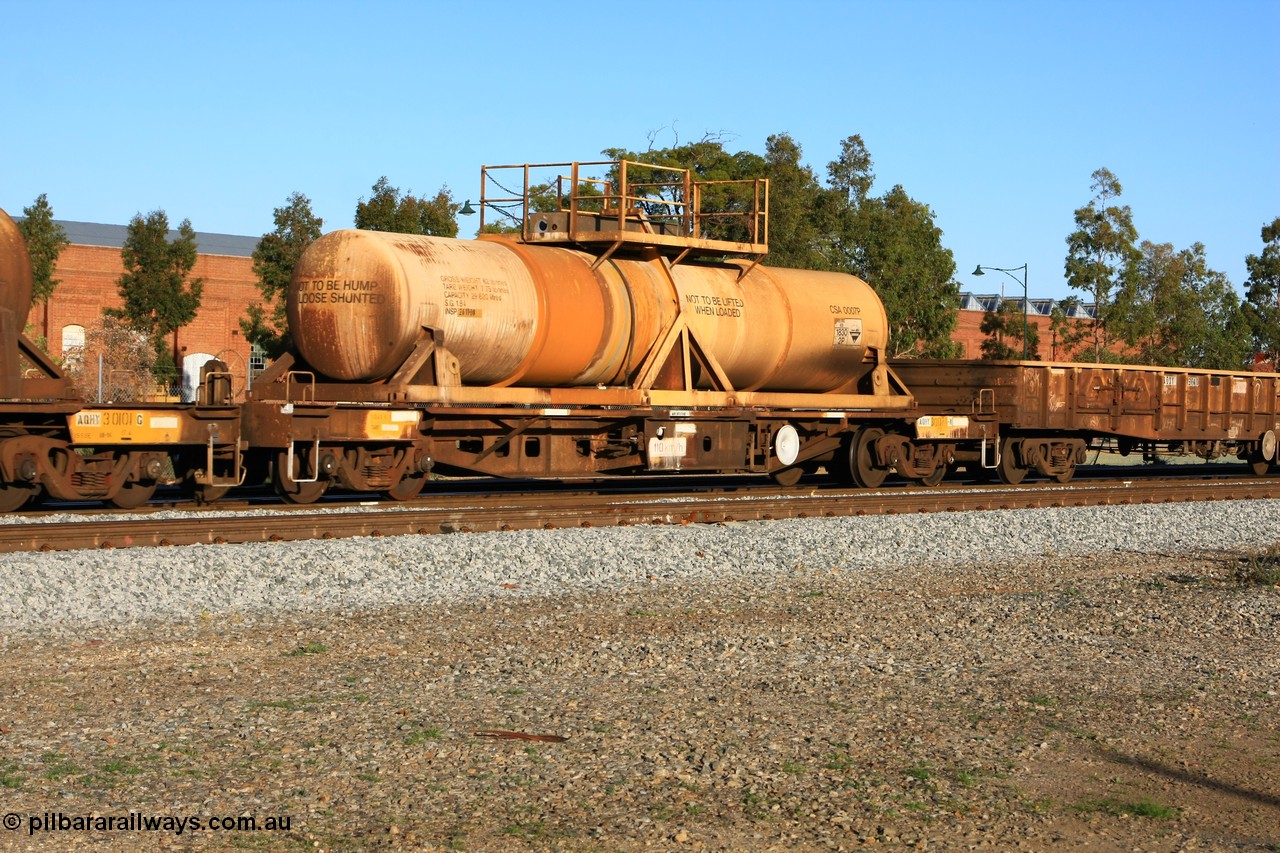 100609 09926
Midland, AQHY 30074 with sulphuric acid tank CSA 0007, originally built by the WAGR Midland Workshops in 1964/66 as a WF type flat waggon, then in 1997, following several recodes and modifications, was one of seventy five waggons converted to the WQH type to carry CSA sulphuric acid tanks between Hampton/Kalgoorlie and Perth/Kwinana.
Keywords: AQHY-type;AQHY30074;WAGR-Midland-WS;WF-type;WFDY-type;WFDF-type;RFDF-type;WQH-type;