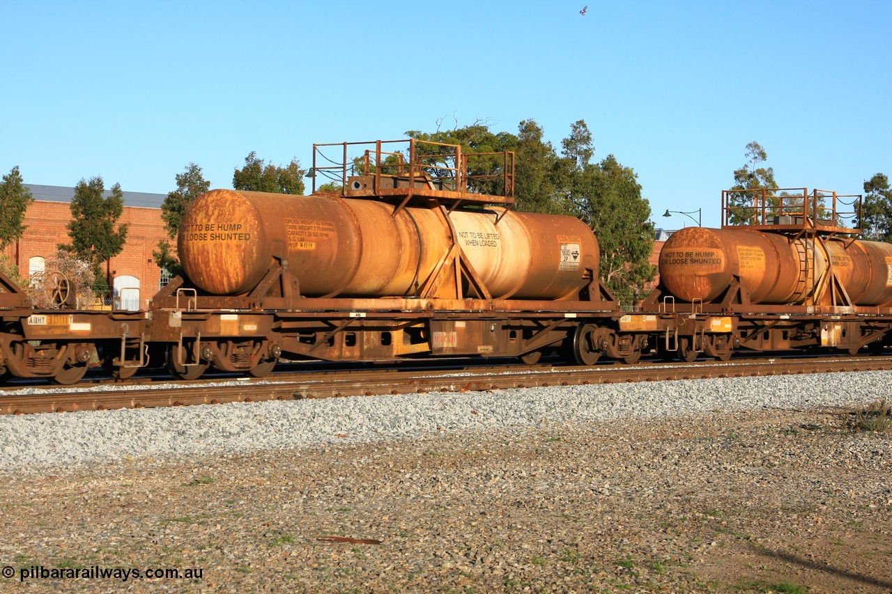 100609 09928
Midland, AQHY 30089 with sulphuric acid tank CSA 0038, originally built by the WAGR Midland Workshops in 1964/66 as a WF type flat waggon, then in 1997, following several recodes and modifications, was one of seventy five waggons converted to the WQH type to carry CSA sulphuric acid tanks between Hampton/Kalgoorlie and Perth/Kwinana.
Keywords: AQHY-type;AQHY30089;WAGR-Midland-WS;WF-type;WFDY-type;WFDF-type;RFDF-type;WQH-type;