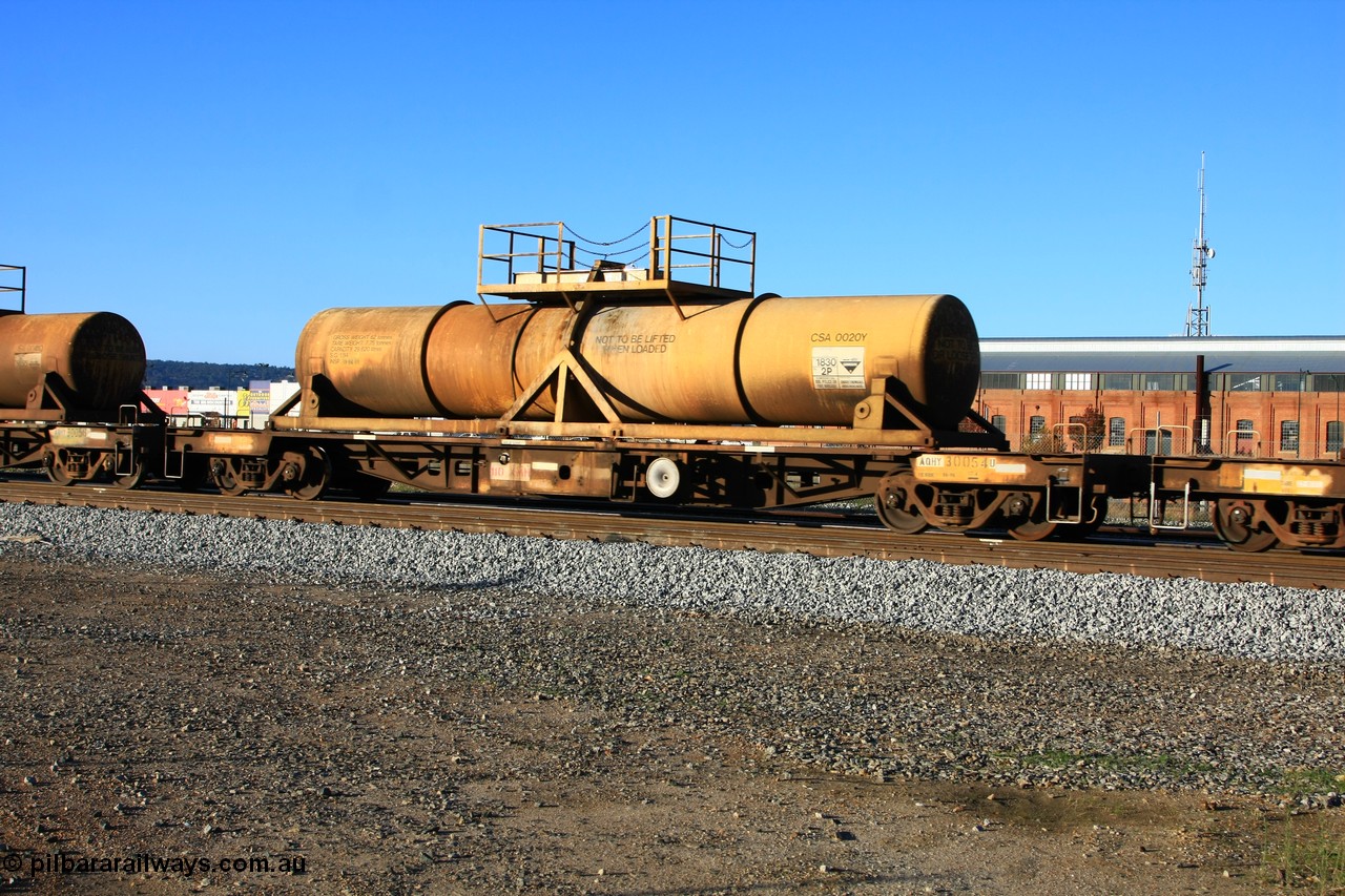 100609 09930
Midland, AQHY 30054 with sulphuric acid tank CSA 0020, originally built by the WAGR Midland Workshops in 1964/66 as a WF type flat waggon, then in 1997, following several recodes and modifications, was one of seventy five waggons converted to the WQH type to carry CSA sulphuric acid tanks between Hampton/Kalgoorlie and Perth/Kwinana.
Keywords: AQHY-type;AQHY30054;WAGR-Midland-WS;WF-type;WFM-type;WFDY-type;WFDF-type;RFDF-type;WQH-type;