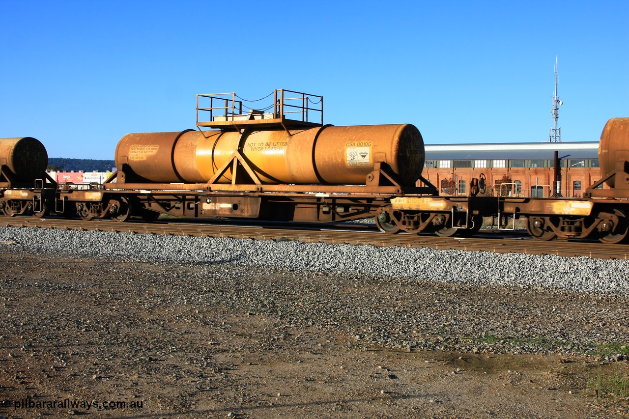 100609 09934
Midland, AQHY 30094 with sulphuric acid tank CSA 0010, originally built by the WAGR Midland Workshops in 1964/66 as a WF type flat waggon, then in 1997, following several recodes and modifications, was one of seventy five waggons converted to the WQH to carry CSA sulphuric acid tanks between Hampton/Kalgoorlie and Perth/Kwinana.
Keywords: AQHY-type;AQHY30094;WAGR-Midland-WS;WF-type;WFDY-type;WFDF-type;RFDF-type;WQH-type;