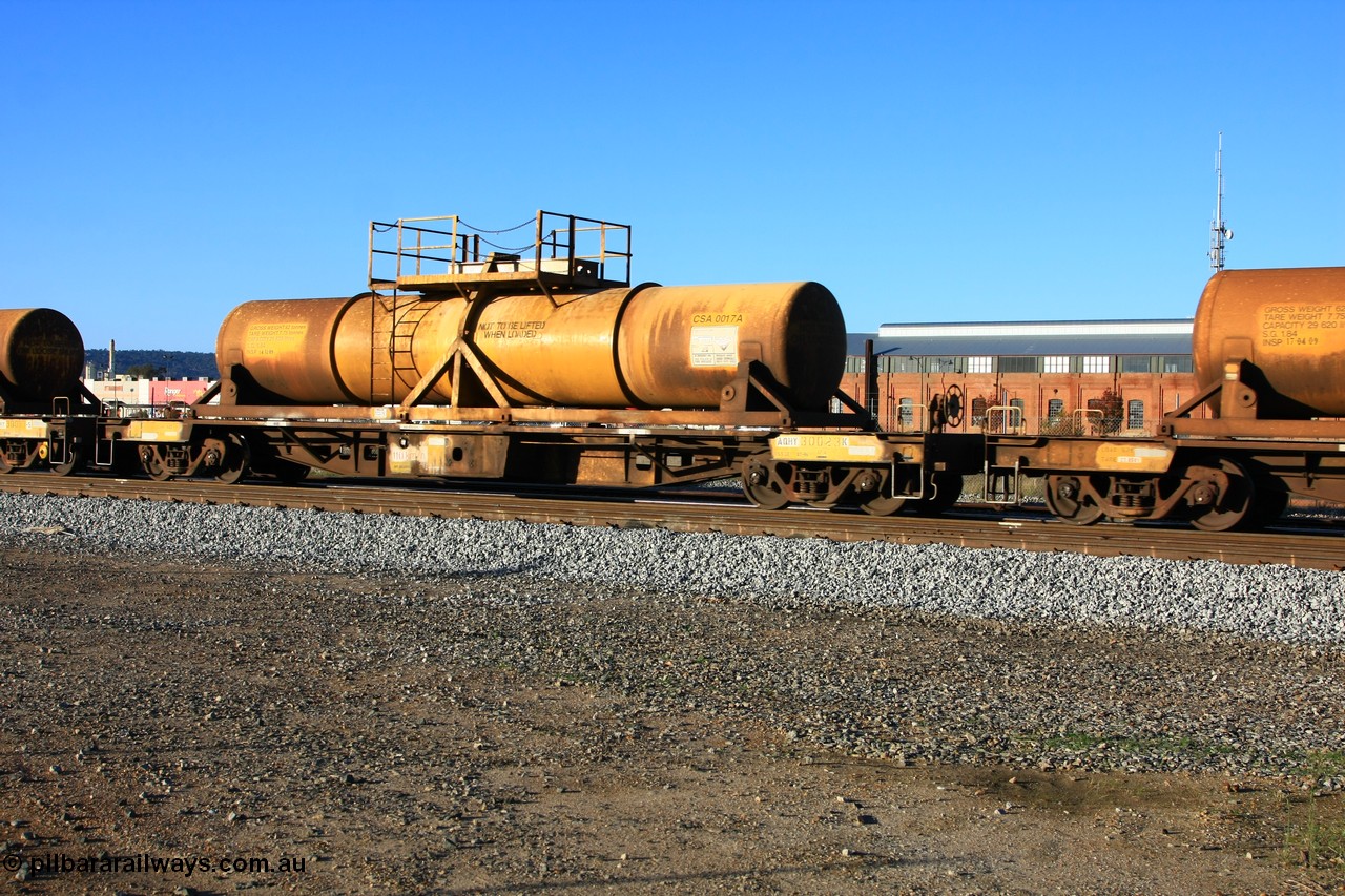 100609 09937
Midland, AQHY 30023 with sulphuric acid tank CSA 0017, originally built by the WAGR Midland Workshops in 1964/66 as a WF type flat waggon, then in 1997, following several recodes and modifications, was one of seventy five waggons converted to the WQH to carry CSA sulphuric acid tanks between Hampton/Kalgoorlie and Perth/Kwinana.
Keywords: AQHY-type;AQHY30023;WAGR-Midland-WS;WF-type;WFDY-type;WFDF-type;RFDF-type;WQH-type;