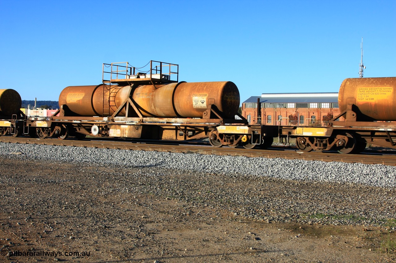 100609 09938
Midland, AQHY 30022 with sulphuric acid tank CSA 0028, originally built by the WAGR Midland Workshops in 1964/66 as a WF type flat waggon, then in 1997, following several recodes and modifications, was one of seventy five waggons converted to the WQH to carry CSA sulphuric acid tanks between Hampton/Kalgoorlie and Perth/Kwinana.
Keywords: AQHY-type;AQHY30022;WAGR-Midland-WS;WF-type;WMA-type;WFDY-type;WFDF-type;RFDF-type;WQH-type;