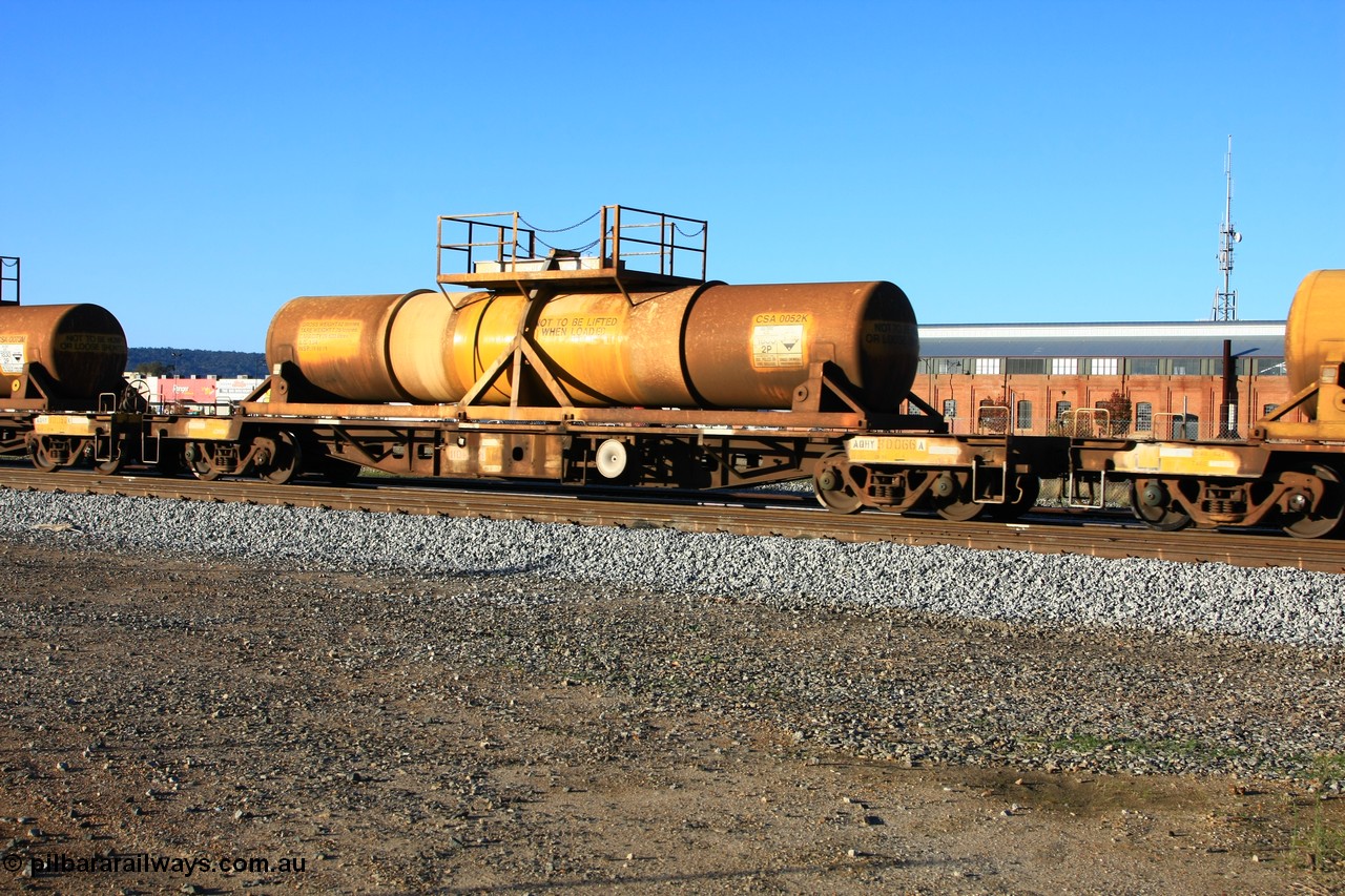 100609 09940
Midland, AQHY 30066 with sulphuric acid tank CSA 0052, originally built by the WAGR Midland Workshops in 1964/66 as a WF type flat waggon, then in 1997, following several recodes and modifications, was one of seventy five waggons converted to the WQH to carry CSA sulphuric acid tanks between Hampton/Kalgoorlie and Perth/Kwinana.
Keywords: AQHY-type;AQHY30066;WAGR-Midland-WS;WF-type;WFW-type;WFDY-type;WFDF-type;RFDF-type;WQH-type;