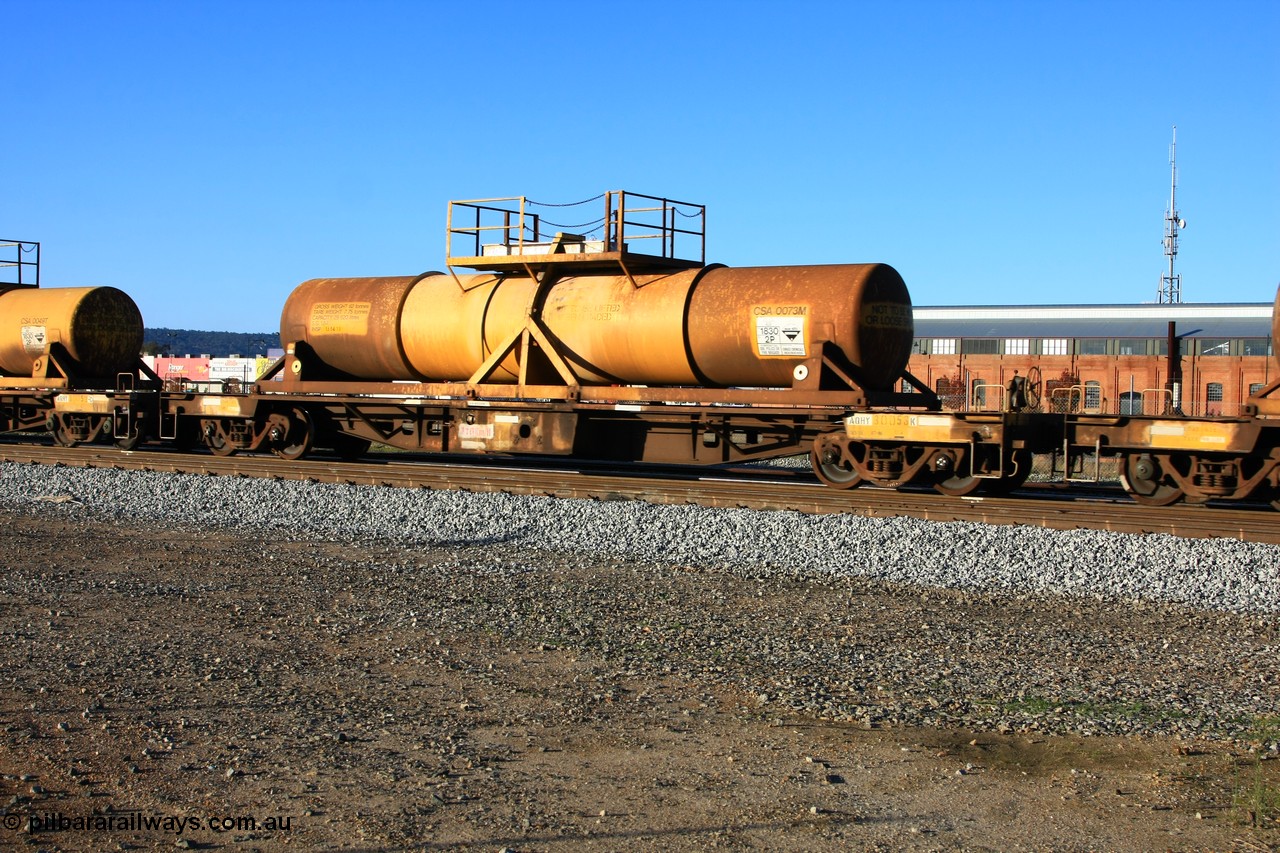 100609 09941
Midland, AQHY 30058 with sulphuric acid tank CSA 0073, originally built by the WAGR Midland Workshops in 1964/66 as a WF type flat waggon, then in 1997, following several recodes and modifications, was one of seventy five waggons converted to the WQH to carry CSA sulphuric acid tanks between Hampton/Kalgoorlie and Perth/Kwinana.
Keywords: AQHY-type;AQHY30058;WAGR-Midland-WS;WF-type;WFW-type;WFDY-type;WFDF-type;RFDF-type;WQH-type;