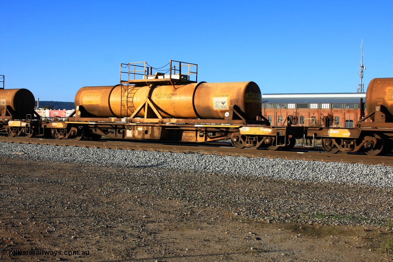 100609 09945
Midland, AQHY 30098 with sulphuric acid tank CSA 0065, originally built by the WAGR Midland Workshops in 1964/66 as a WF type flat waggon, then in 1997, following several recodes and modifications, was one of seventy five waggons converted to the WQH to carry CSA sulphuric acid tanks between Hampton/Kalgoorlie and Perth/Kwinana.
Keywords: AQHY-type;AQHY30098;WAGR-Midland-WS;WF-type;WMA-type;WFW-type;WFDY-type;WFDF-type;RFDF-type;WQH-type;