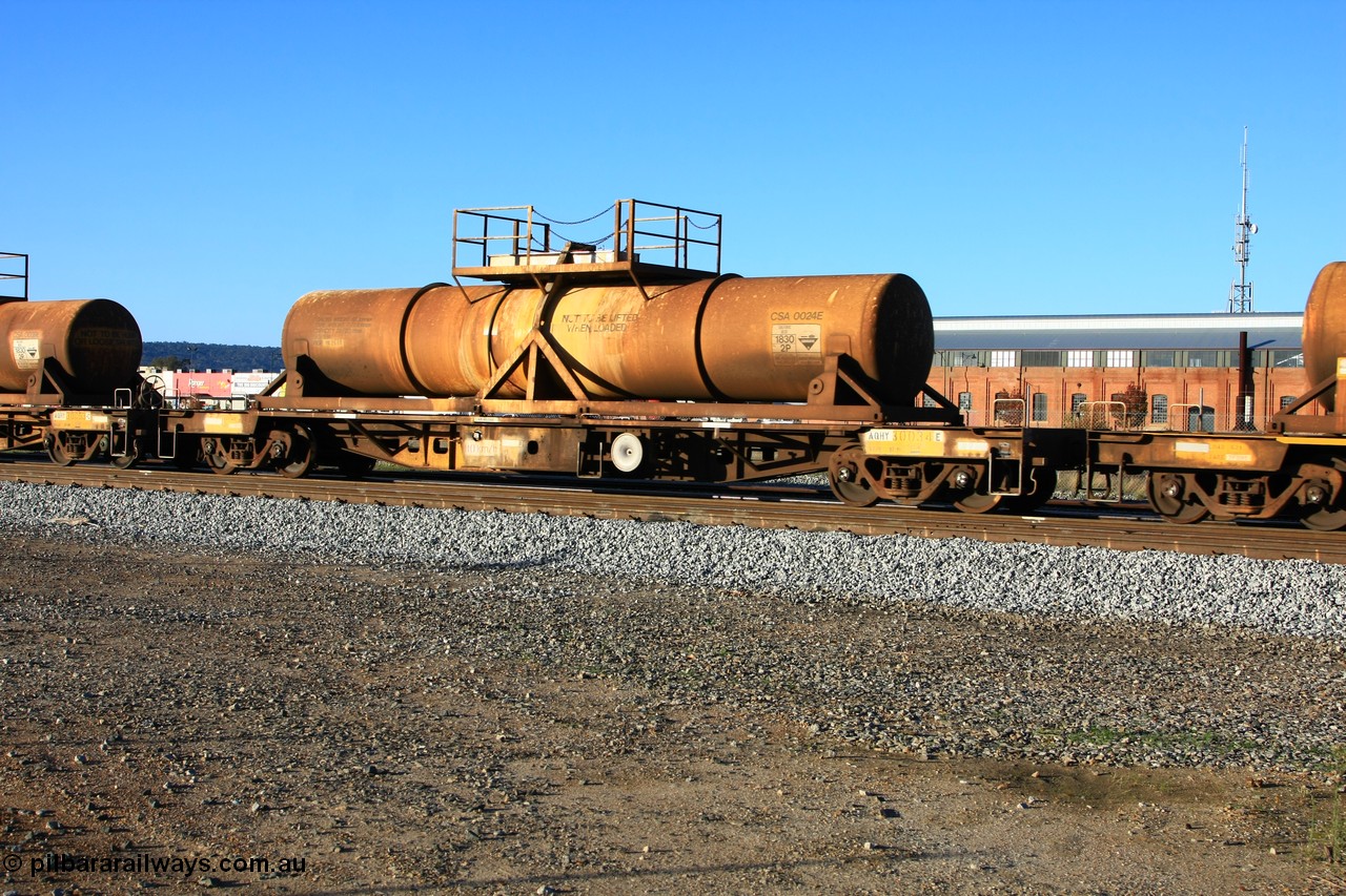 100609 09946
Midland, AQHY 30034 with sulphuric acid tank CSA 0024, originally built by the WAGR Midland Workshops in 1964/66 as a WF type flat waggon, then in 1997, following several recodes and modifications, was one of seventy five waggons converted to the WQH to carry CSA sulphuric acid tanks between Hampton/Kalgoorlie and Perth/Kwinana.
Keywords: AQHY-type;AQHY30034;WAGR-Midland-WS;WF-type;WFDY-type;WFDF-type;RFDF-type;WQH-type;