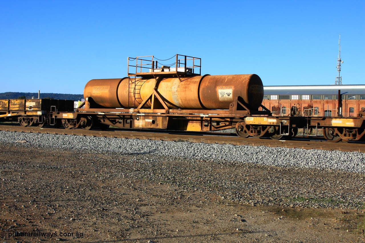 100609 09947
Midland, AQHY 30053 with sulphuric acid tank CSA 0039, originally built by the WAGR Midland Workshops in 1964/66 as a WF type flat waggon, then in 1997, following several recodes and modifications, was one of seventy five waggons converted to the WQH to carry CSA sulphuric acid tanks between Hampton/Kalgoorlie and Perth/Kwinana.
Keywords: AQHY-type;AQHY30053;WAGR-Midland-WS;WF-type;WFDY-type;WFDF-type;RFDF-type;WQH-type;