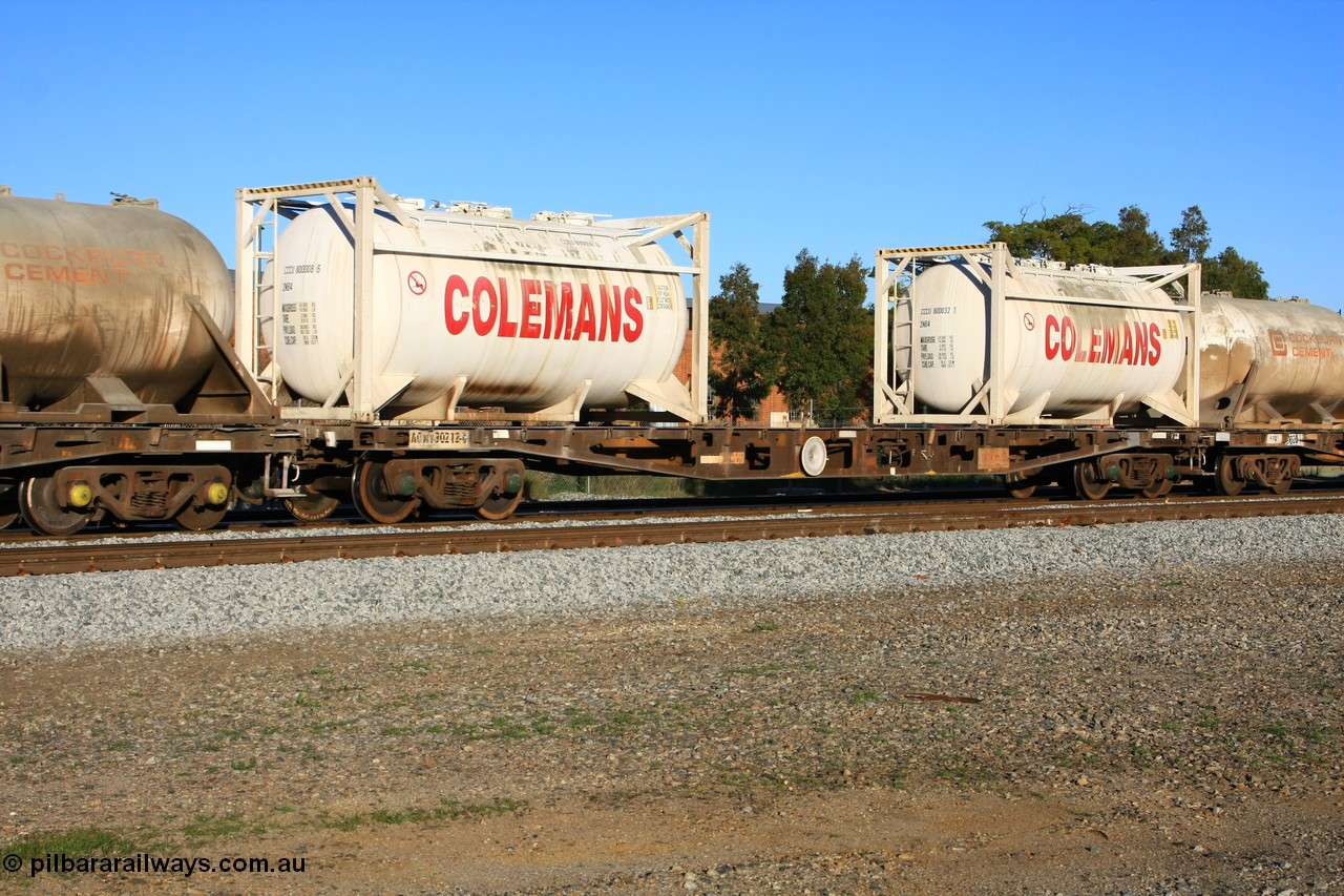 100609 09955
Midland, AQWY 30212 container waggon, originally one of forty five built by WAGR Midland Workshops in 1974 as WFX type, to WQCX in 1981 then AQCY. Loaded with two empty Colemans' 20' 2NB4 cement tanktainers CCCU 800008 and CCCU 800032.
Keywords: AQWY-type;AQWY30212;WAGR-Midland-WS;WFX-type;WQCX-type;AQCY-type;