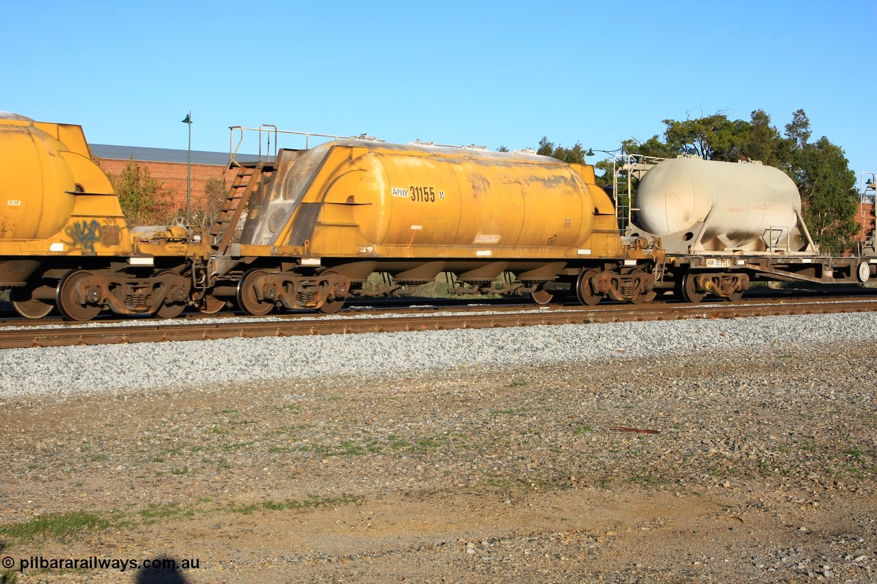 100609 09957
Midland, APNY 31155 one of twelve built by WAGR Midland Workshops in 1974 as WNA type pneumatic discharge nickel concentrate waggon, WAGR built and owned copies of the AE Goodwin built WN waggons for WMC.
Keywords: APNY-type;APNY31155;WAGR-Midland-WS;WNA-type;