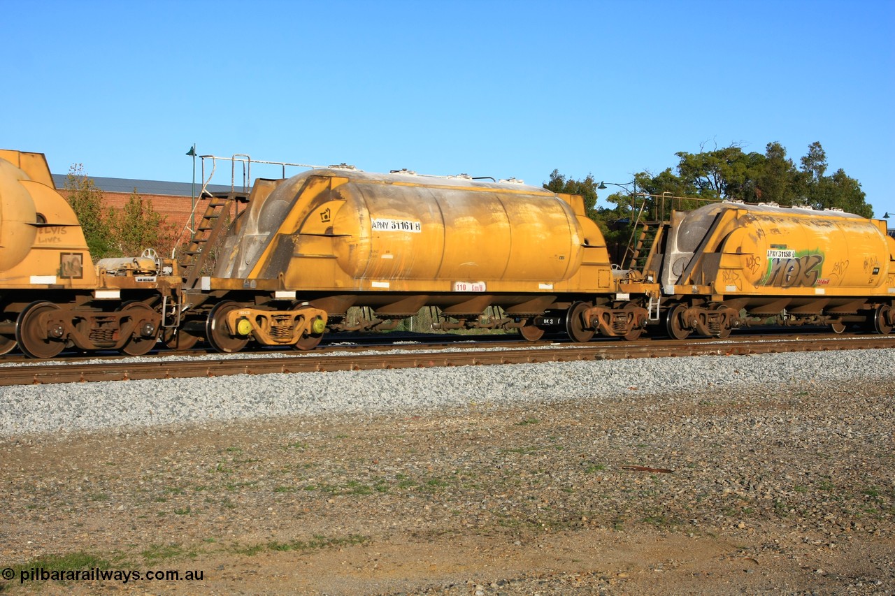 100609 09961
Midland, APNY 31161 one of twelve built by WAGR Midland Workshops in 1974 as WNA class pneumatic discharge nickel concentrate waggon, WAGR built and owned copies of the AE Goodwin built WN waggons for WMC. 
Keywords: APNY-type;APNY31161;WAGR-Midland-WS;WNA-type;