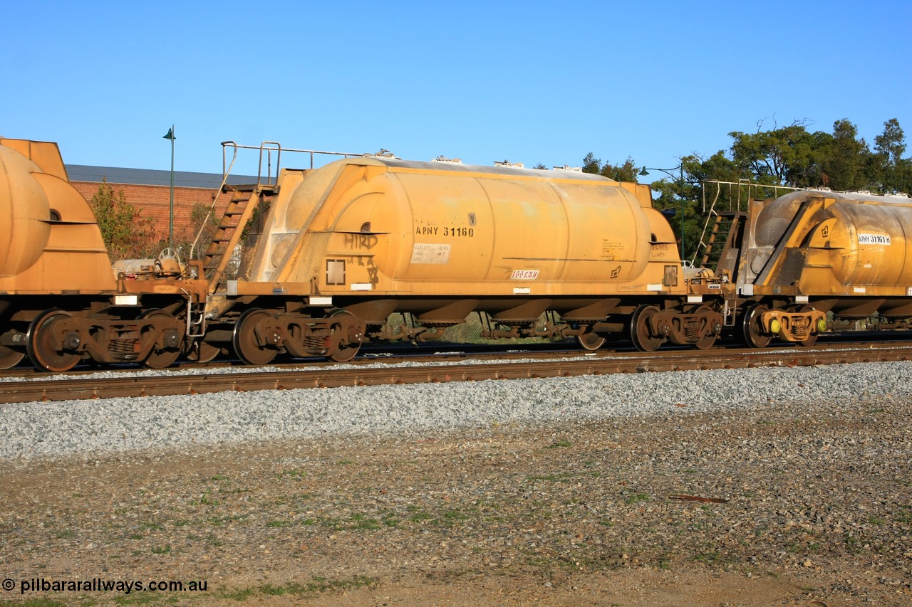 100609 09962
Midland, APNY 31160 one of twelve built by WAGR Midland Workshops in 1974 as WNA type pneumatic discharge nickel concentrate waggon, WAGR built and owned copies of the AE Goodwin built WN waggons for WMC.
Keywords: APNY-type;APNY31160;WAGR-Midland-WS;WNA-type;