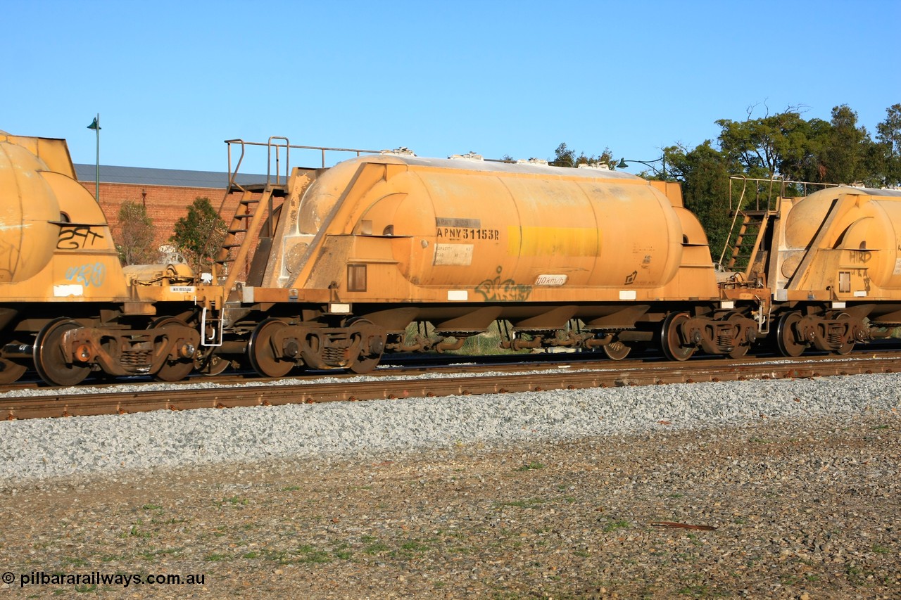 100609 09963
Midland, APNY 31153 one of twelve built by WAGR Midland Workshops in 1974 as WNA type pneumatic discharge nickel concentrate waggon, WAGR built and owned copies of the AE Goodwin built WN waggons for WMC.
Keywords: APNY-type;APNY31153;WAGR-Midland-WS;WNA-type;