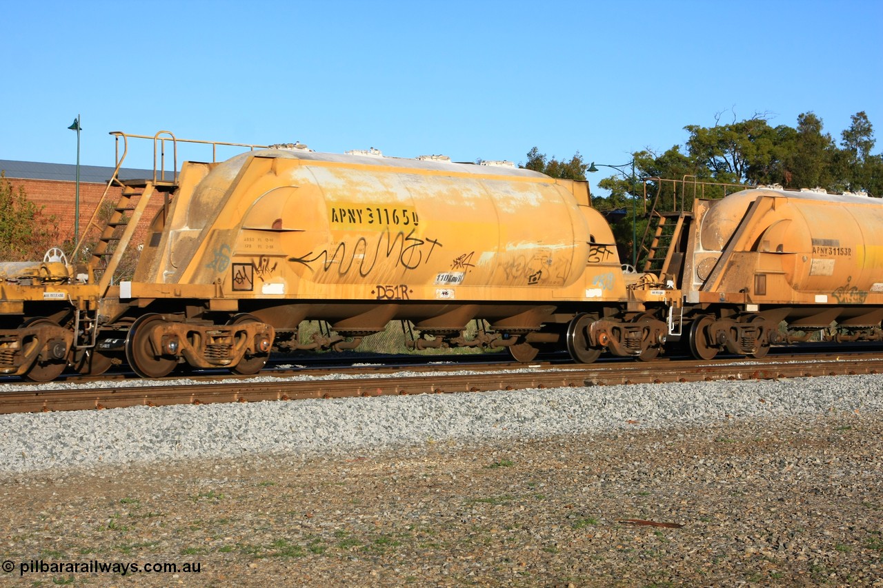 100609 09964
Midland, APNY 31165 one of four built by Westrail Midland Workshops in 1978 as WNA type pneumatic discharge nickel concentrate waggon, WAGR built and owned copies of the AE Goodwin built WN waggons for WMC.
Keywords: APNY-type;APNY31165;Westrail-Midland-WS;WNA-type;