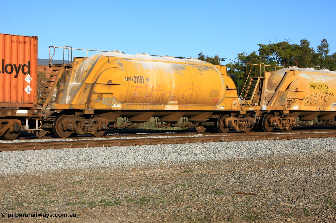 100609 09965
Midland, APNY 31151 one of twelve built by WAGR Midland Workshops in 1974 as WNA type pneumatic discharge nickel concentrate waggon, WAGR built and owned copies of the AE Goodwin built WN waggons for WMC.
Keywords: APNY-type;APNY31151;WAGR-Midland-WS;WNA-type;